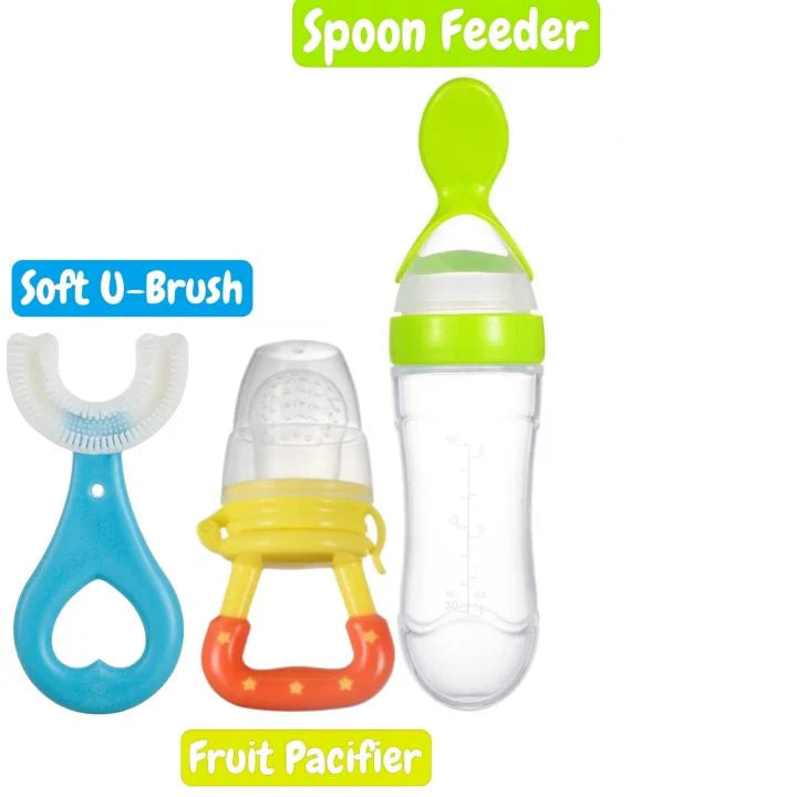 Pack of 3 – Silicone Baby Care Bundle | Spoon Feeder + Fruit Pacifier + U-Shape Toothbrush