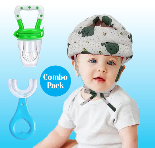 3-in-1 Baby Safety & Care Combo – Helmet, Fruit Pacifier & U-Shaped Brush