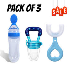 Pack of 3 – Silicone Baby Care Bundle | Spoon Feeder + Fruit Pacifier + U-Shape Toothbrush | Safe & Soft Feeding Set for Infants and Toddlers