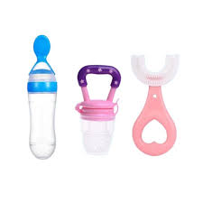 Pack of 3 – Silicone Baby Care Bundle | Spoon Feeder + Fruit Pacifier + U-Shape Toothbrush | Safe & Soft Feeding Set for Infants and Toddlers