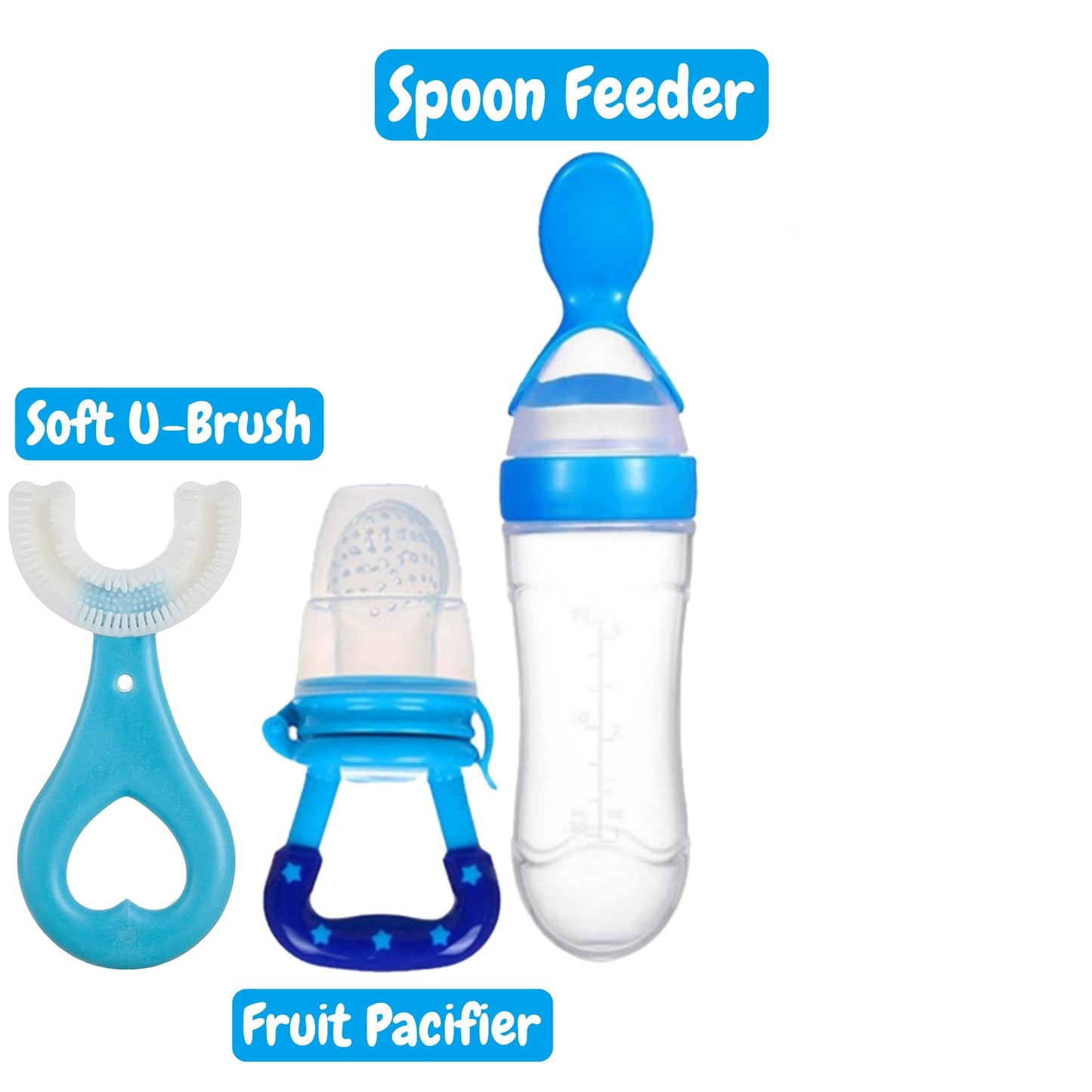 Pack of 3 – Silicone Baby Care Bundle | Spoon Feeder + Fruit Pacifier + U-Shape Toothbrush | Safe & Soft Feeding Set for Infants and Toddlers
