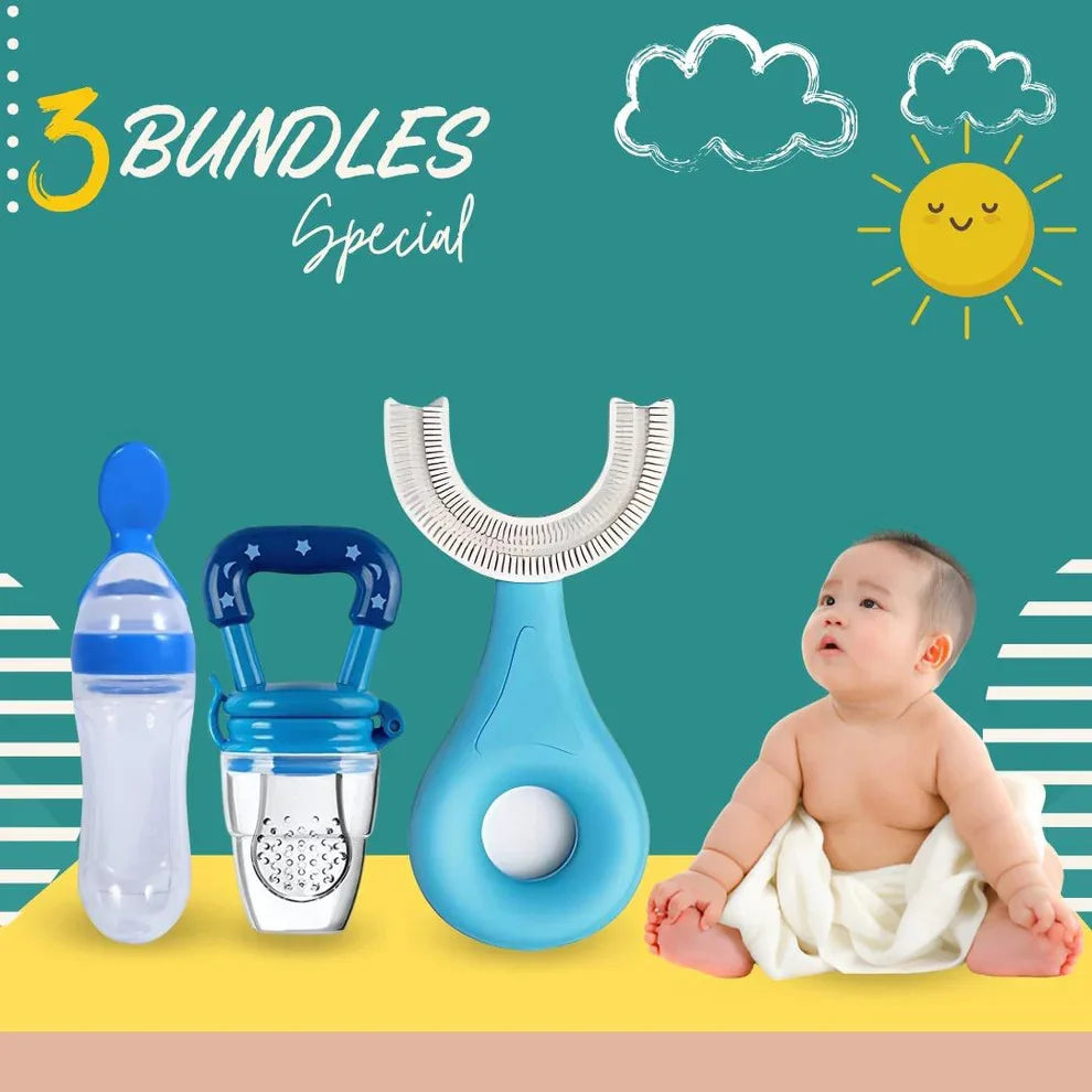Pack of 3 – Silicone Baby Care Bundle | Spoon Feeder + Fruit Pacifier + U-Shape Toothbrush