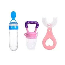 Pack of 3 – Silicone Baby Care Bundle | Spoon Feeder + Fruit Pacifier + U-Shape Toothbrush